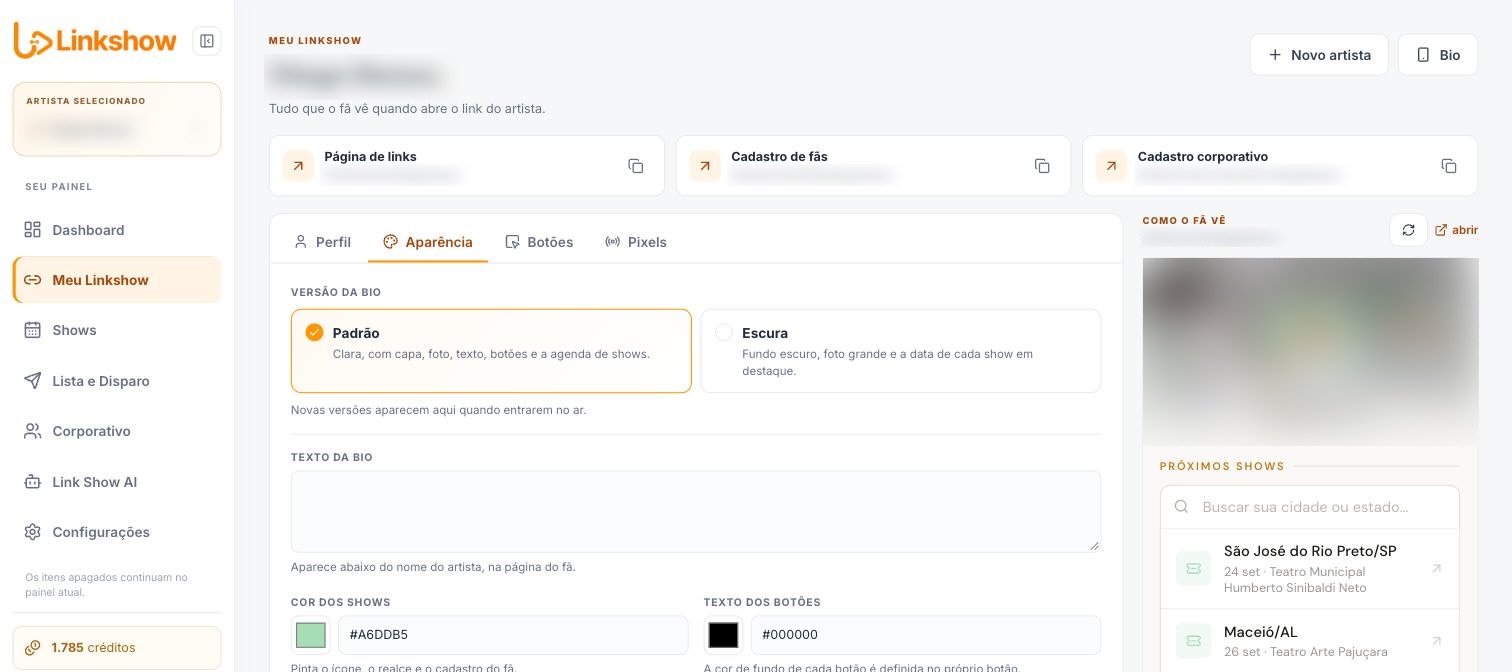 Tela Meu Linkshow: escolha da versão da bio, cores e a prévia de como o fã vê